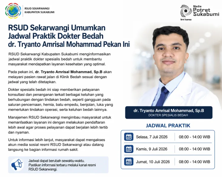 RSUD Sekarwangi Umumkan Jadwal Praktik Dokter Bedah dr. Tryanto Amrisal Mohammad Pekan Ini